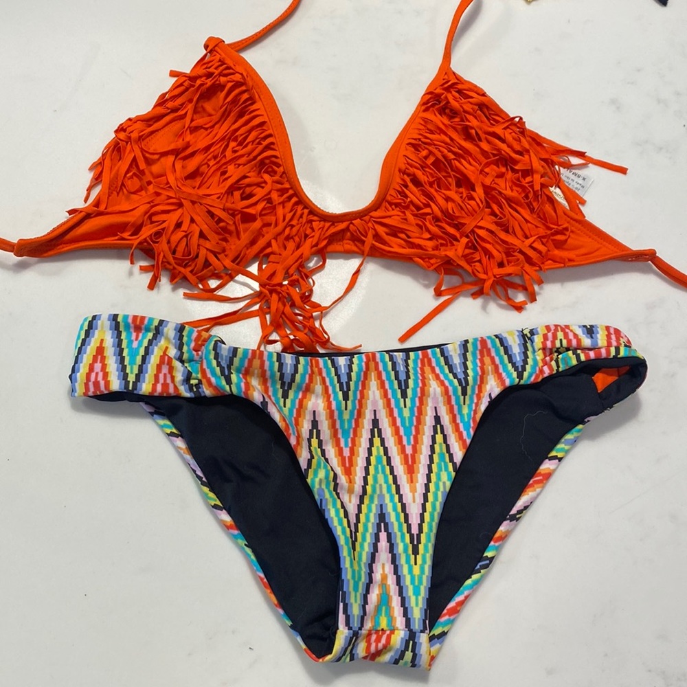 L*space orange black fringe bikini XS